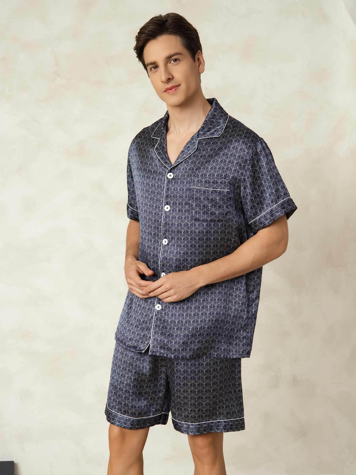 Pure Silk Geometric Pattern Men's Short Pajamas 2Pcs