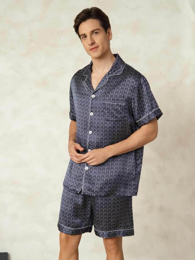 Pure Silk Geometric Pattern Men's Short Pajamas 2Pcs