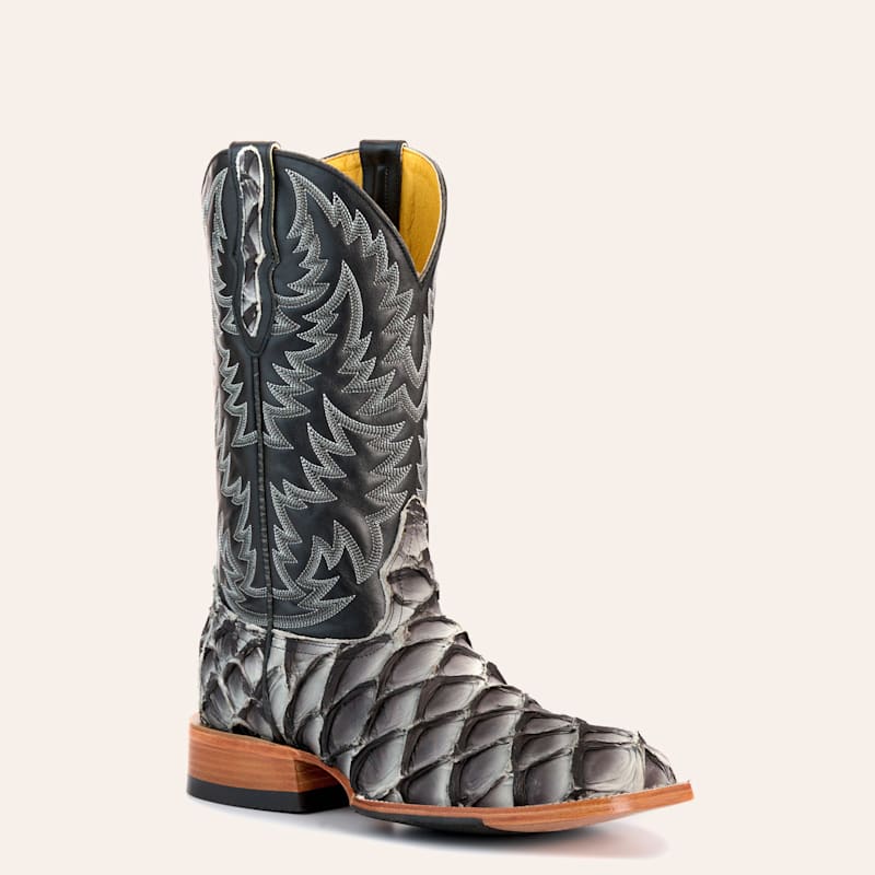 Men’s Gray Pirarucu And Black Wide Square Toe Exotic Cowboy Boots