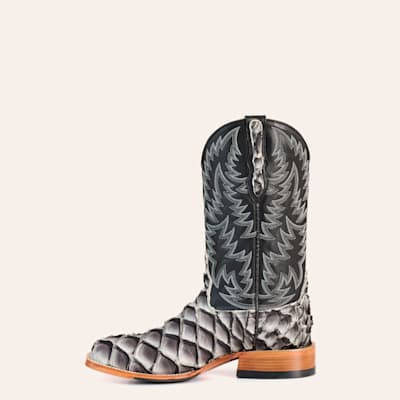 Men’s Gray Pirarucu And Black Wide Square Toe Exotic Cowboy Boots