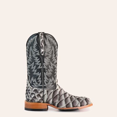 Men’s Gray Pirarucu And Black Wide Square Toe Exotic Cowboy Boots