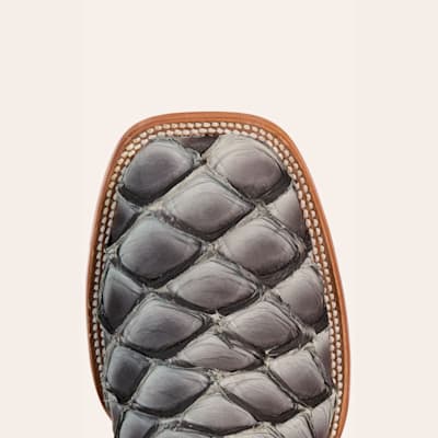 Men’s Gray Pirarucu And Black Wide Square Toe Exotic Cowboy Boots