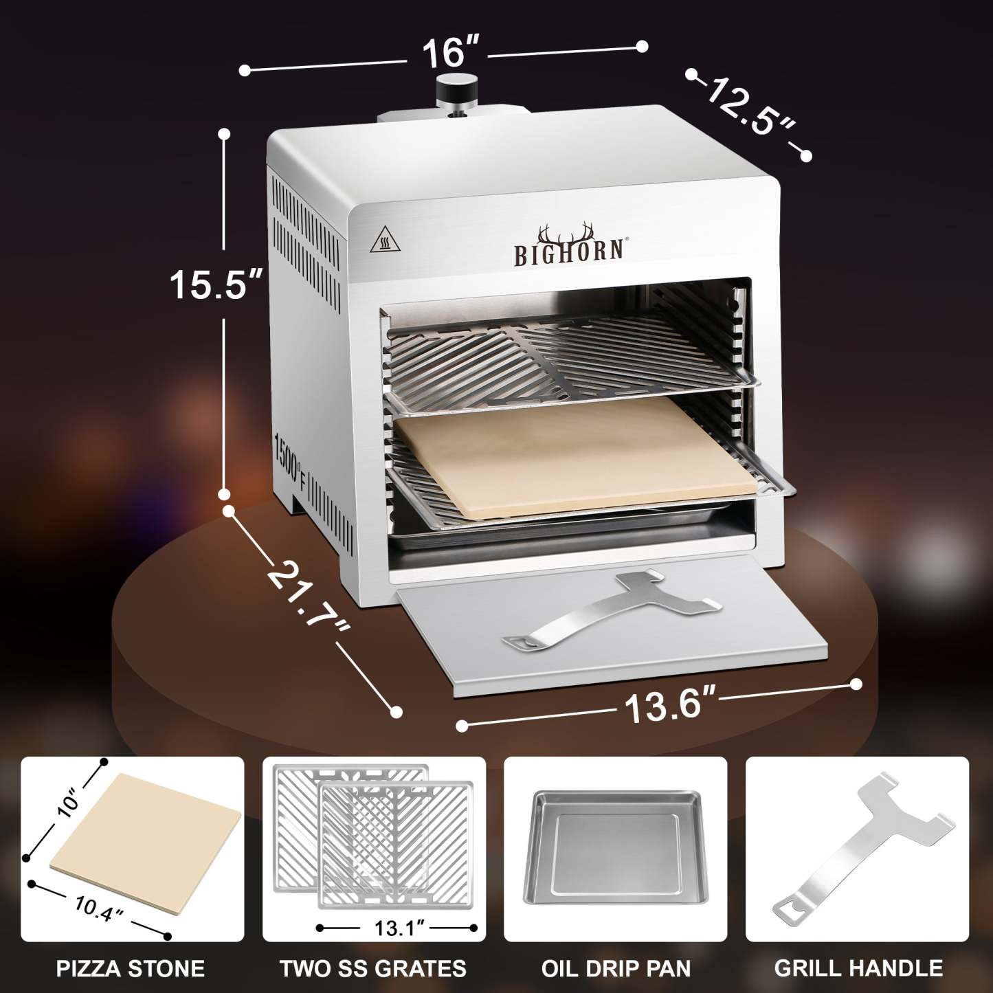 1500℉ Portable Infrared Steak Grill with Pizza Stone, Stainless Steel- 16 Inch