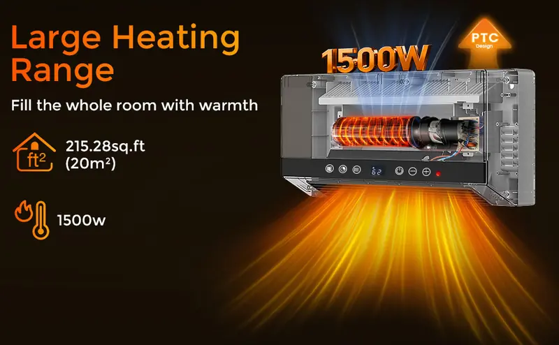 Product Introduction of R.W.FLAME Wall Heater for Bathroom, 1500W Wall Mount Electric Heater with Remote Control, 24-Hour Timer, Weekly Timers, Easy to Mount for Bedroom, Office, And Home 1