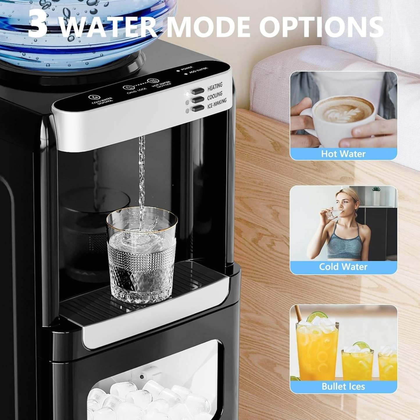 Top Loading 3-in-1 Water Dispenser & Ice Maker, Hot/Cold Water for 5 Gallon Bottle, 33LBS Daily Ice, Child Lock