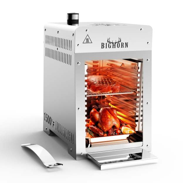 Big Horn 1500℉ Infrared Steak Grill with cooked steak and chicken, stainless steel construction