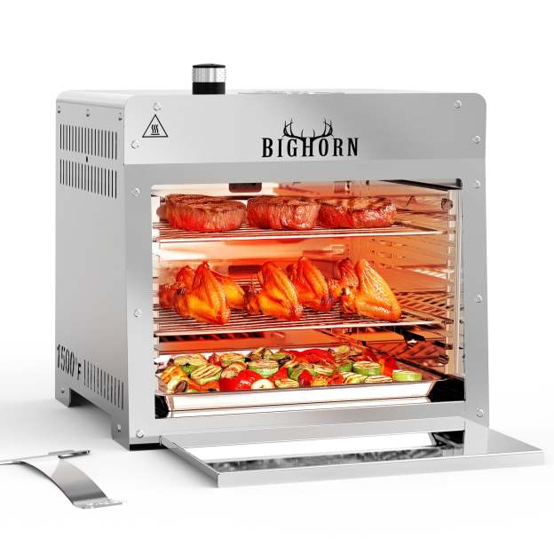 Big Horn 1500℉ Steak Grill with cooked steak, chicken and vegetables; Stainless Steel