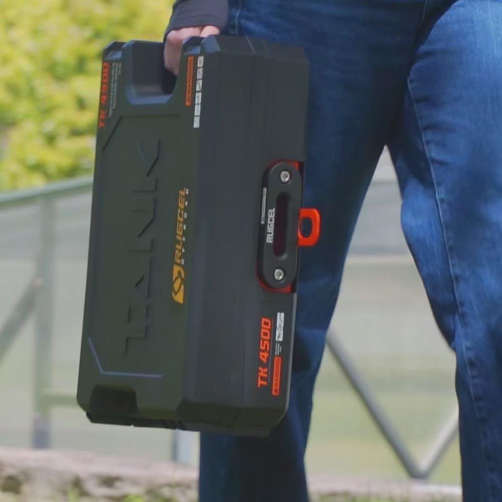 RUGCEL WINCH Portable Winch 12V DC Electric Utility winch,4500lb/2041kg Single Line Pull with Steel Mounting Plate, Integrated Hawse Fairlead and Synthetic Rope,Infrared remote control,atv utv winch