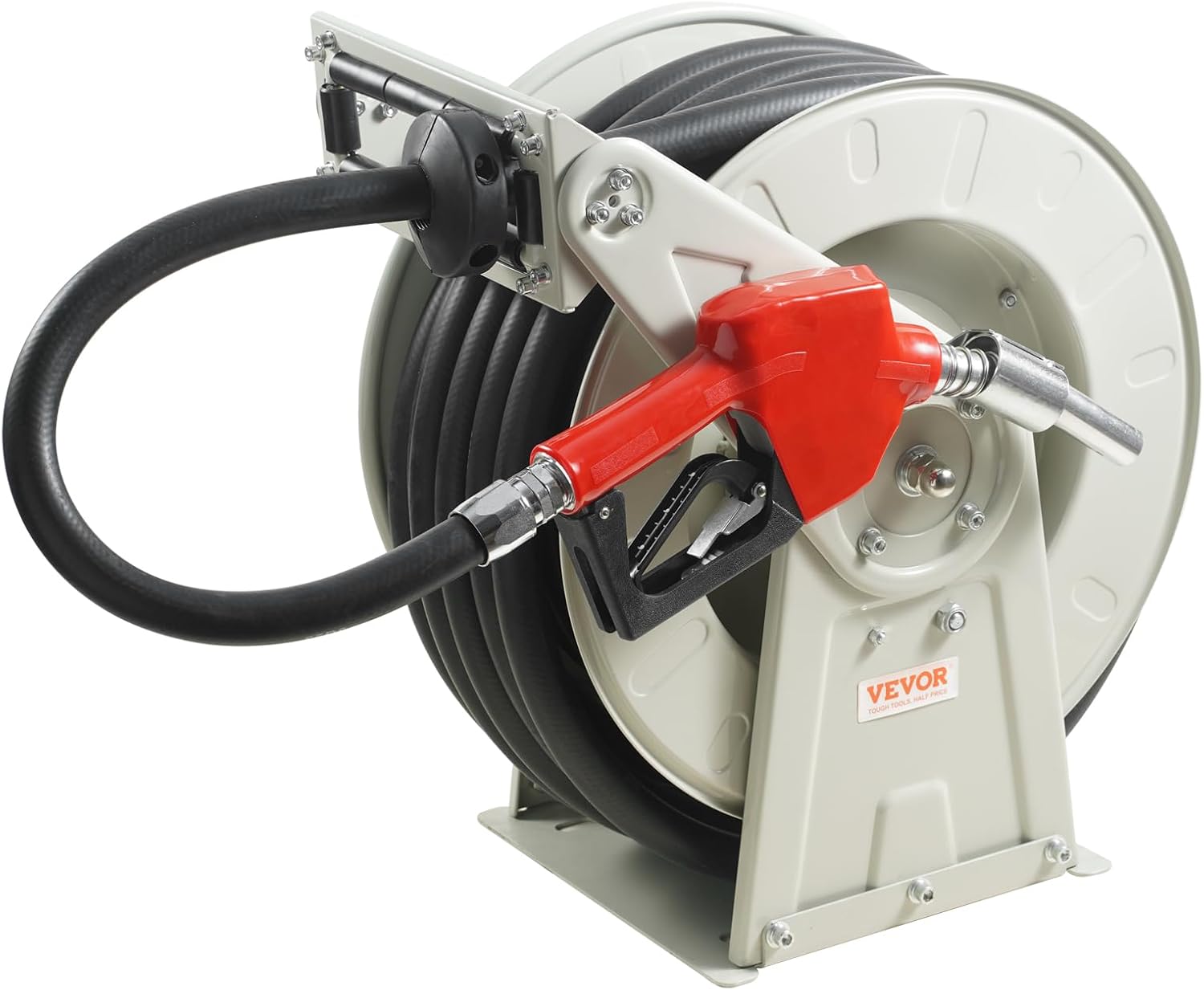 VEVOR Fuel Hose Reel, 50', Extra Long Retractable Diesel Hose Reel, Heavy-Duty Carbon Steel Construction with Automatic Fuel Nozzle, NBR Rubber Hose for Aircraft Ship Vehicle Tank Truck, 300 PSI