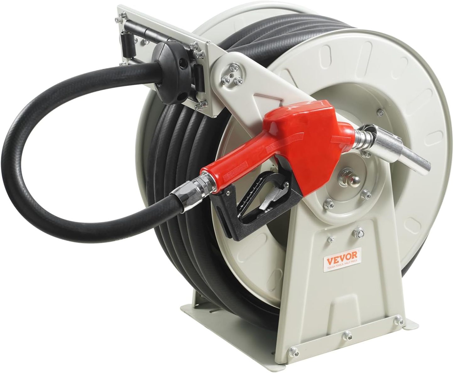 VEVOR Fuel Hose Reel, 50', Extra Long Retractable Diesel Hose Reel, Heavy-Duty Carbon Steel Construction with Automatic Fuel Nozzle, NBR Rubber Hose for Aircraft Ship Vehicle Tank Truck, 300 PSI