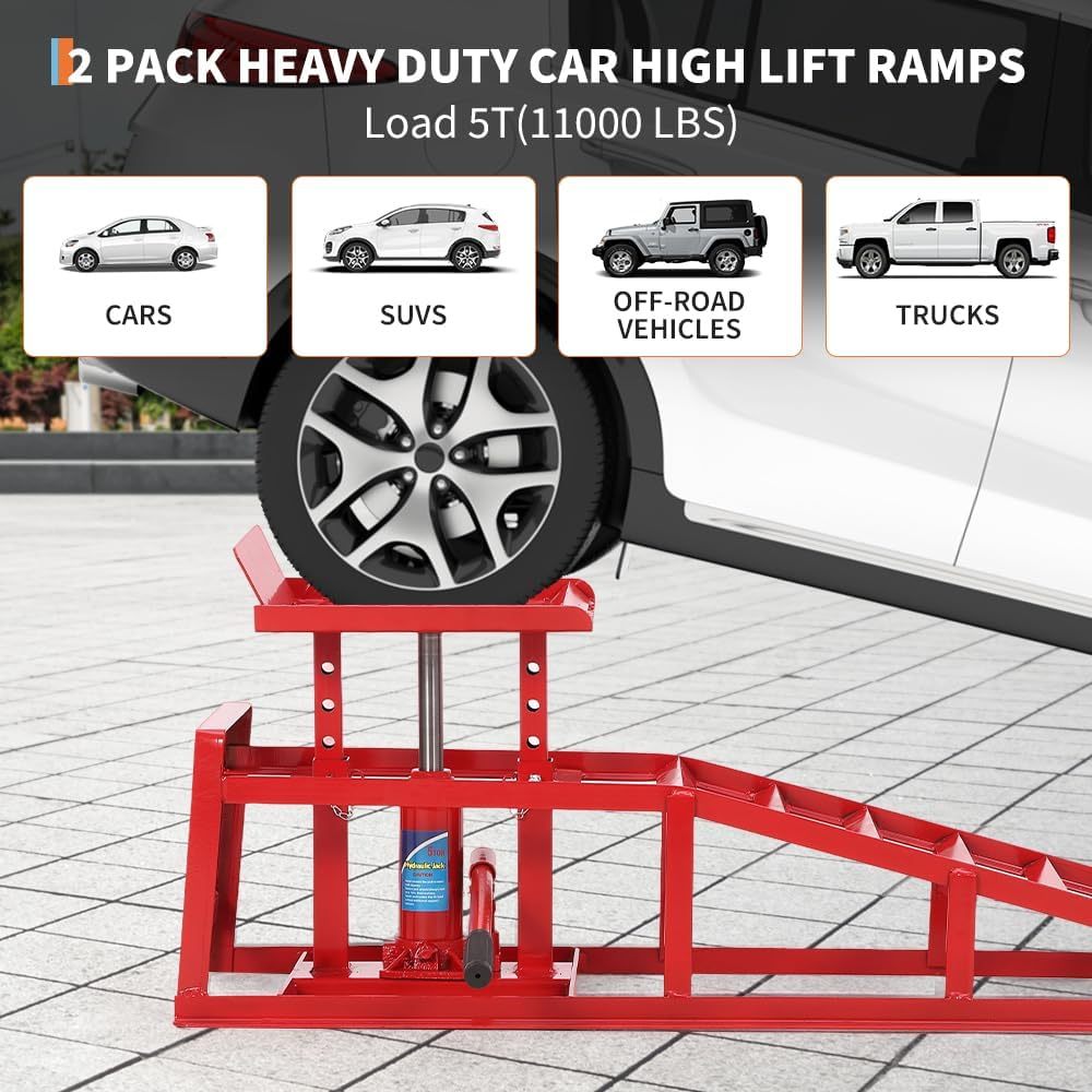 2 Pack Hydraulic Car and Truck Service Ramps,Low Profile Car Lift Service Ramps for Oil Changes,11000 Lbs (5 Tons), Adjustable Lift Height 9.8" to 16.21", Home Garage,Vehicle Auto Garage