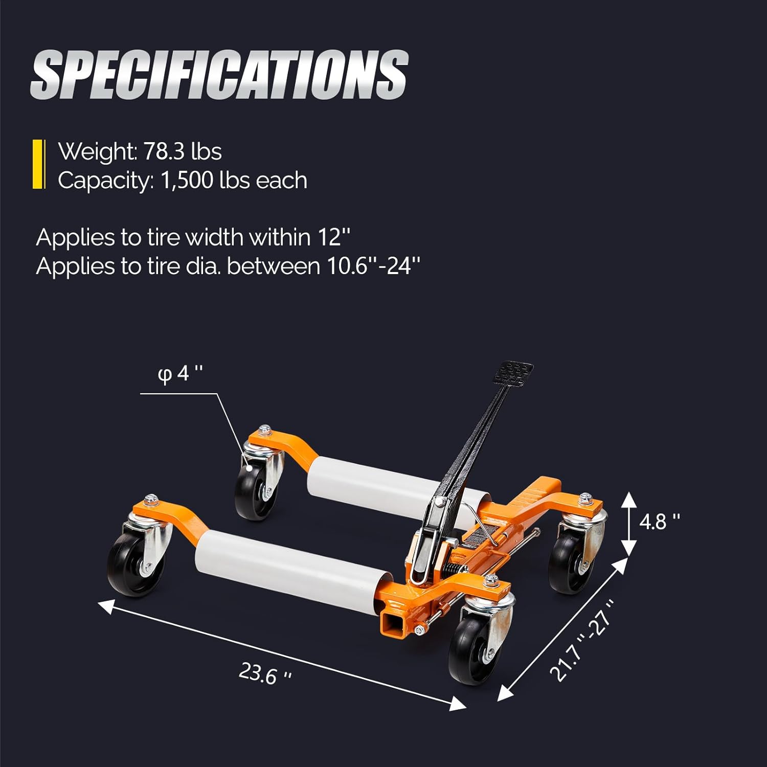 TUFFIOM Car Wheel Dolly Jack Set of 2, Mechanical 3000-lbs Car Skates, 12'' Wheel Vehicle Positioning Jack, Heavy Duty Rollers with Ratcheting Foot Pedal for Tire Auto Repair Moving, Orange