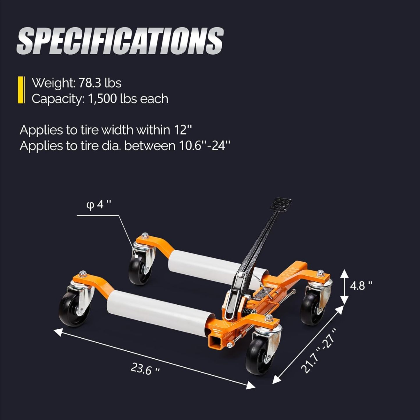TUFFIOM Car Wheel Dolly Jack Set of 2, Mechanical 3000-lbs Car Skates, 12'' Wheel Vehicle Positioning Jack, Heavy Duty Rollers with Ratcheting Foot Pedal for Tire Auto Repair Moving, Orange