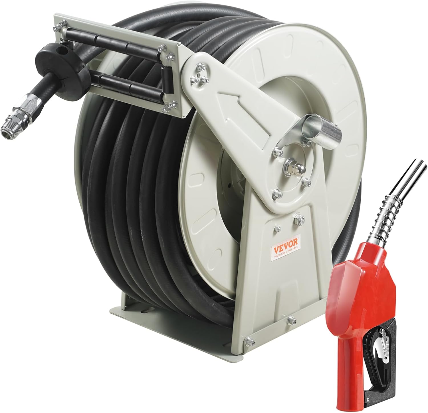 VEVOR Fuel Hose Reel, 50', Extra Long Retractable Diesel Hose Reel, Heavy-Duty Carbon Steel Construction with Automatic Fuel Nozzle, NBR Rubber Hose for Aircraft Ship Vehicle Tank Truck, 300 PSI