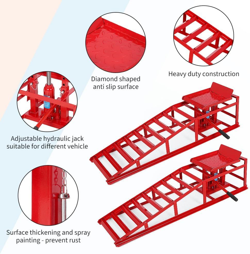 2 Pack Hydraulic Car and Truck Service Ramps,Low Profile Car Lift Service Ramps for Oil Changes,11000 Lbs (5 Tons), Adjustable Lift Height 9.8" to 16.21", Home Garage,Vehicle Auto Garage
