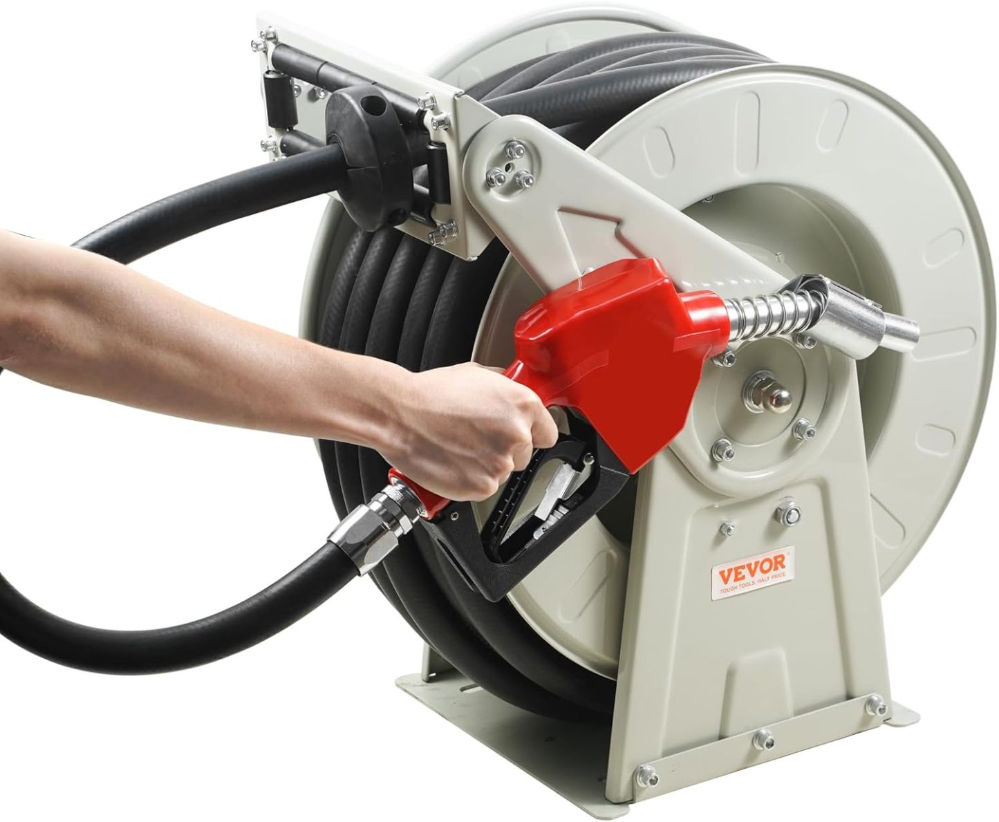 VEVOR Fuel Hose Reel, 50', Extra Long Retractable Diesel Hose Reel, Heavy-Duty Carbon Steel Construction with Automatic Fuel Nozzle, NBR Rubber Hose for Aircraft Ship Vehicle Tank Truck, 300 PSI