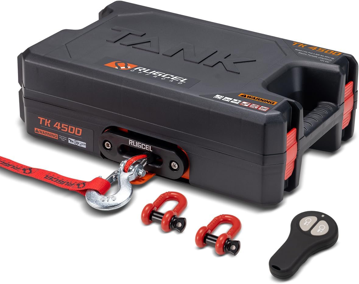 RUGCEL WINCH Portable Winch 12V DC Electric Utility winch,4500lb/2041kg Single Line Pull with Steel Mounting Plate, Integrated Hawse Fairlead and Synthetic Rope,Infrared remote control,atv utv winch