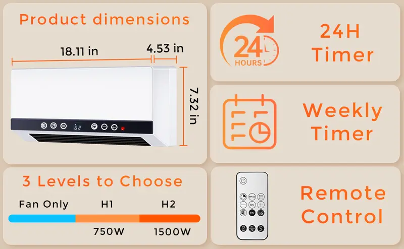 Product Introduction of R.W.FLAME Wall Heater for Bathroom, 1500W Wall Mount Electric Heater with Remote Control, 24-Hour Timer, Weekly Timers, Easy to Mount for Bedroom, Office, And Home 4