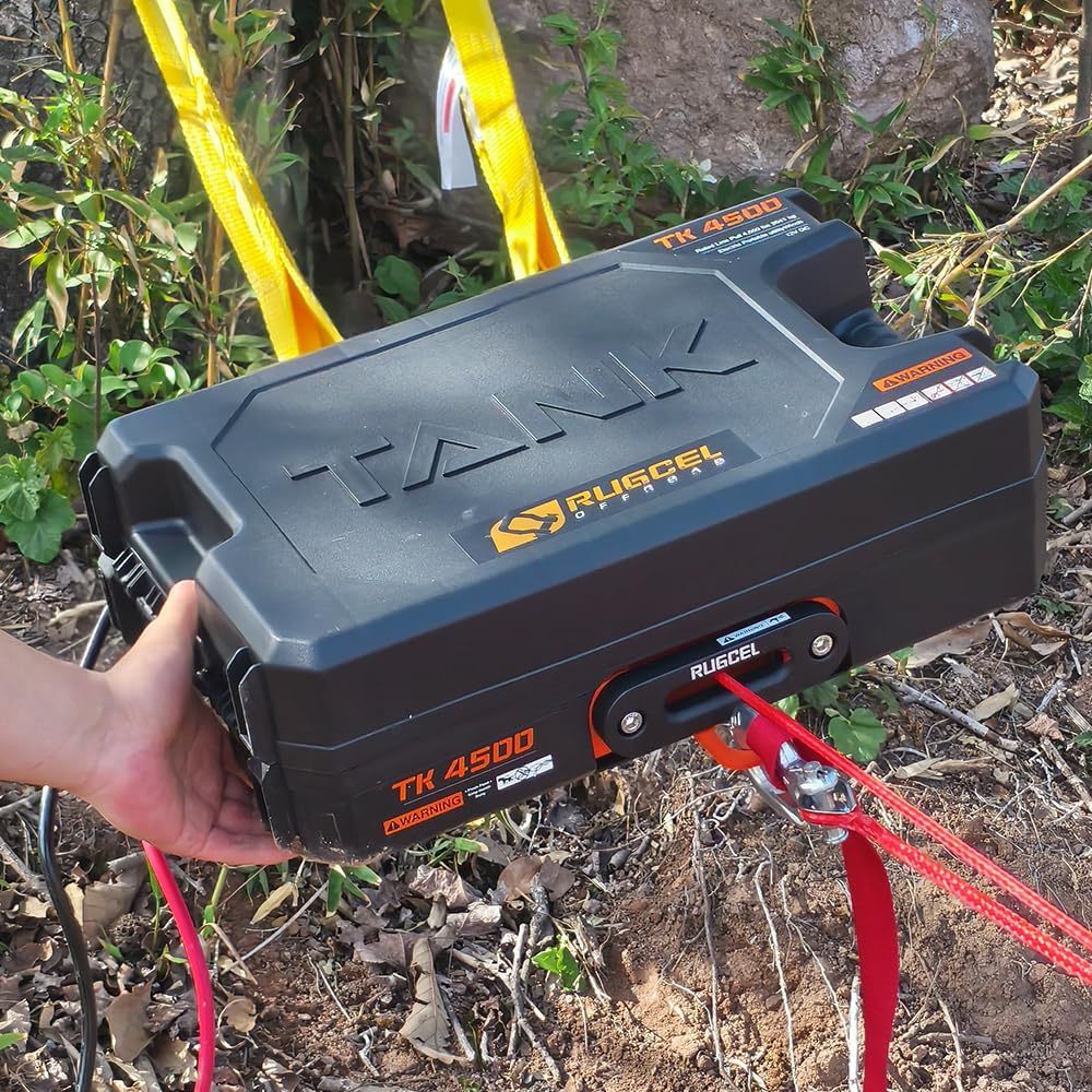 RUGCEL WINCH Portable Winch 12V DC Electric Utility winch,4500lb/2041kg Single Line Pull with Steel Mounting Plate, Integrated Hawse Fairlead and Synthetic Rope,Infrared remote control,atv utv winch