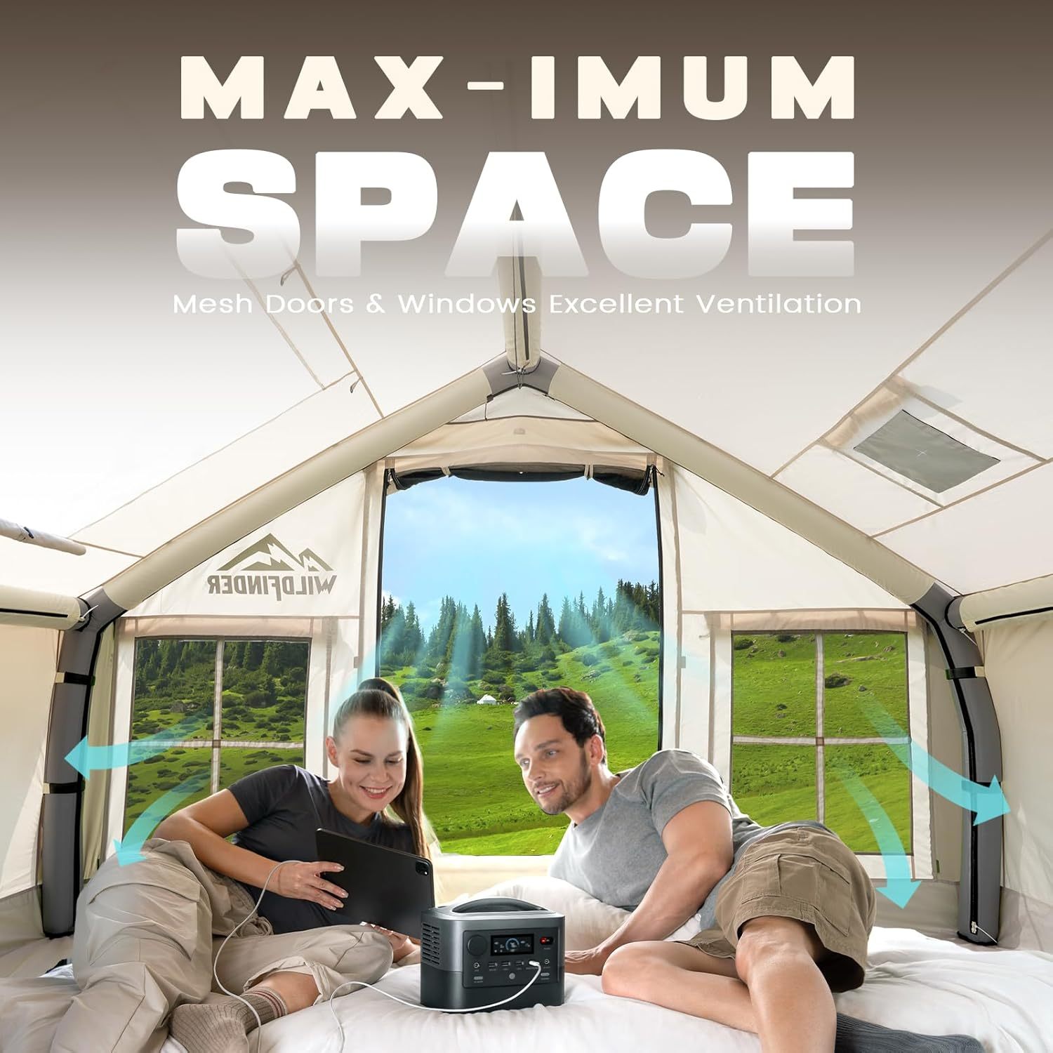 Inflatable Tent with Skylight, Quick Setup Blow Up Tents with Pump, Hot Tent with Stove Jack, Waterproof Oxford Inflatable House for Camping, Air Glamping Tents for Camping Adult 4-6 Person