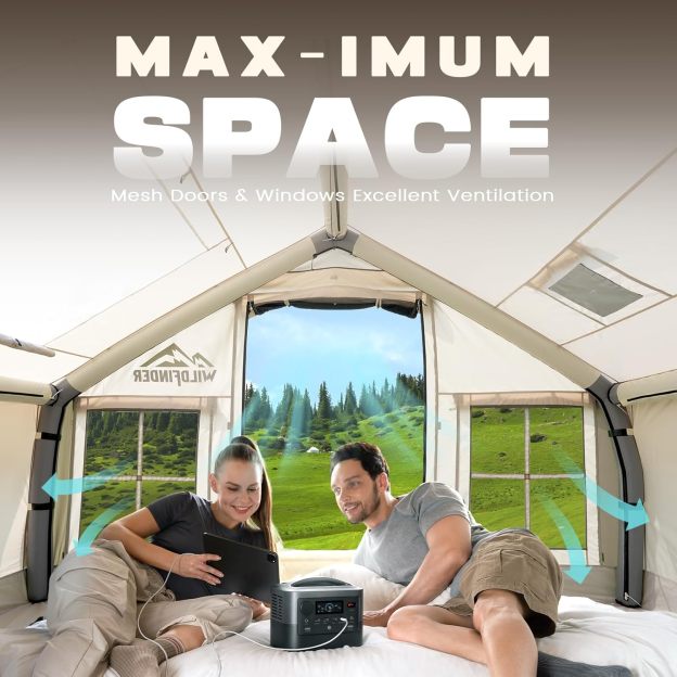 Inflatable Tent with Skylight, Quick Setup Blow Up Tents with Pump, Hot Tent with Stove Jack, Waterproof Oxford Inflatable House for Camping, Air Glamping Tents for Camping Adult 4-6 Person