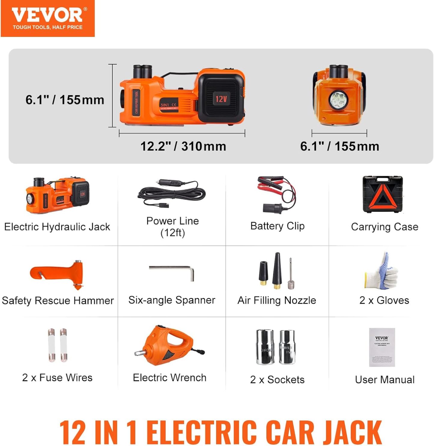 VEVOR Electric Car Jack,Hydraulic Jack Lift with Electric Impact Wrench, Built-in Inflatable Pump, and LED Light for SUV MPV Sedan Truck Change Tires