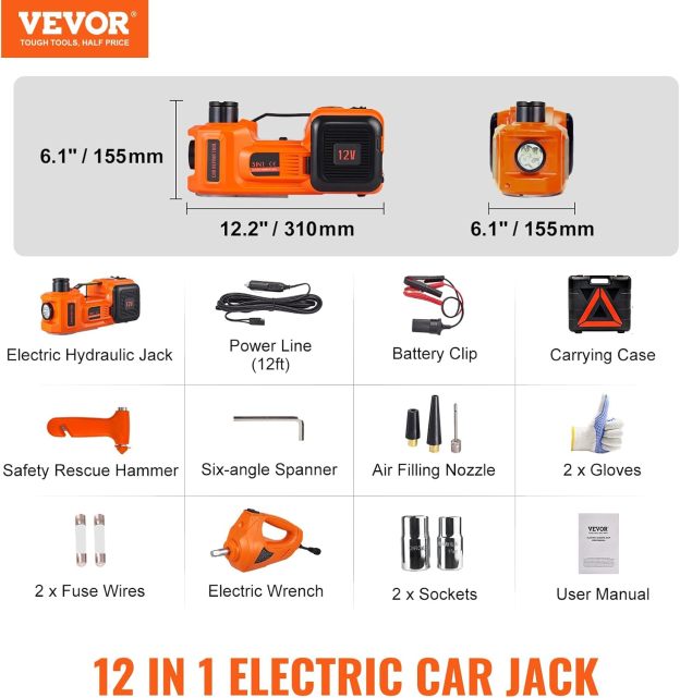 VEVOR Electric Car Jack,Hydraulic Jack Lift with Electric Impact Wrench, Built-in Inflatable Pump, and LED Light for SUV MPV Sedan Truck Change Tires