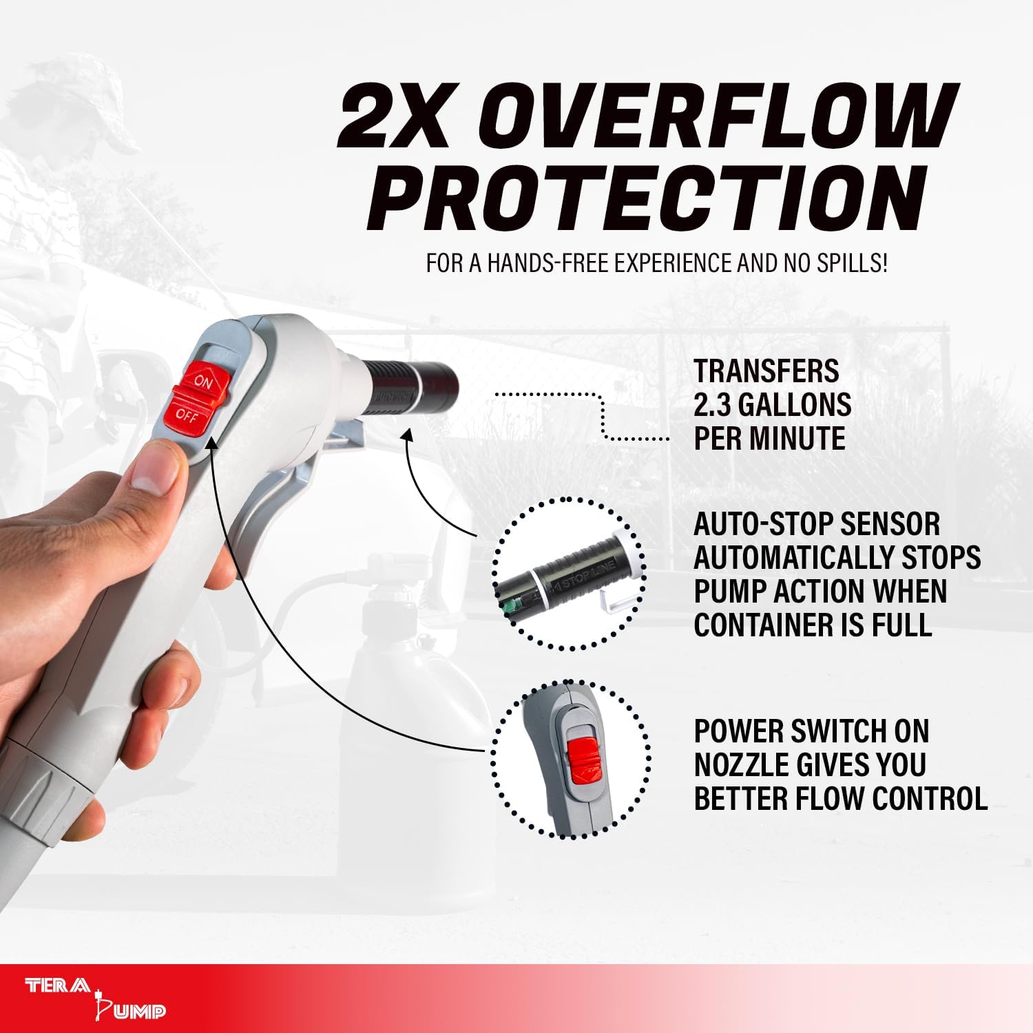 TERA PUMP TRFA03-XL Universal Gas Can Adapter Cap Battery Powered Fuel Transfer Pump (2.3 GPM) No Spill Sensor, 4.27 ft Vinyl Hose, Utility Jug Adapter, Power Nozzle, 4x AA Power