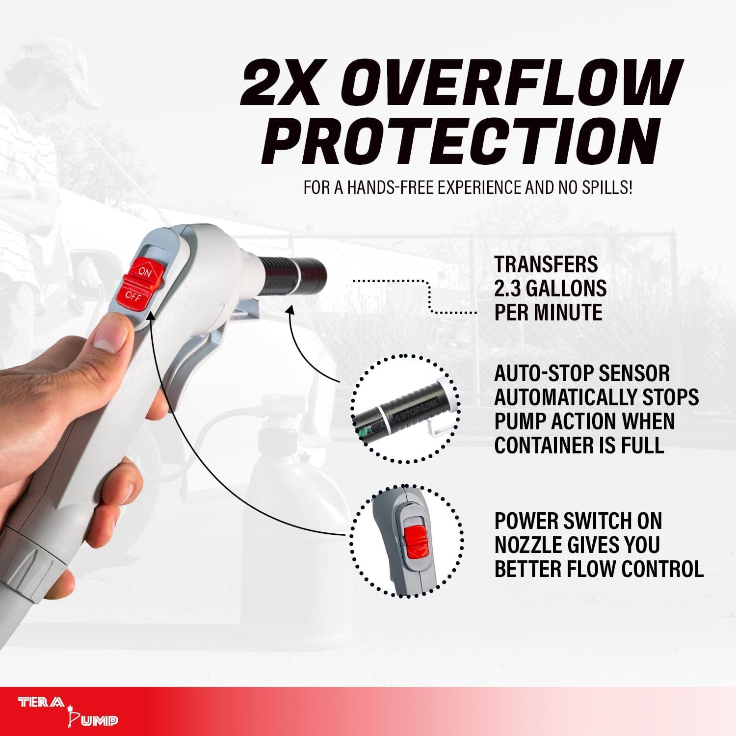 TERA PUMP TRFA03-XL Universal Gas Can Adapter Cap Battery Powered Fuel Transfer Pump (2.3 GPM) No Spill Sensor, 4.27 ft Vinyl Hose, Utility Jug Adapter, Power Nozzle, 4x AA Power