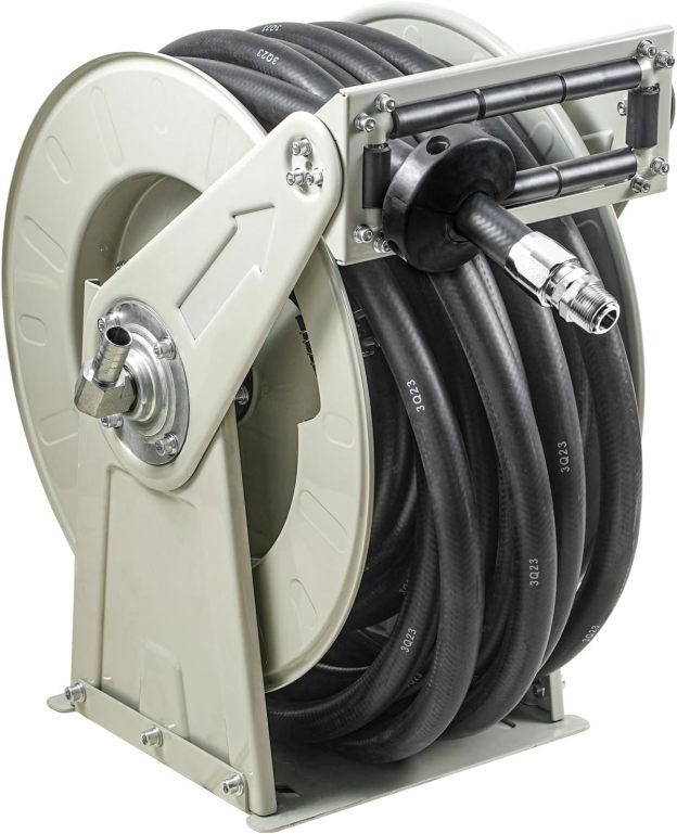 VEVOR Fuel Hose Reel, 50', Extra Long Retractable Diesel Hose Reel, Heavy-Duty Carbon Steel Construction with Automatic Fuel Nozzle, NBR Rubber Hose for Aircraft Ship Vehicle Tank Truck, 300 PSI
