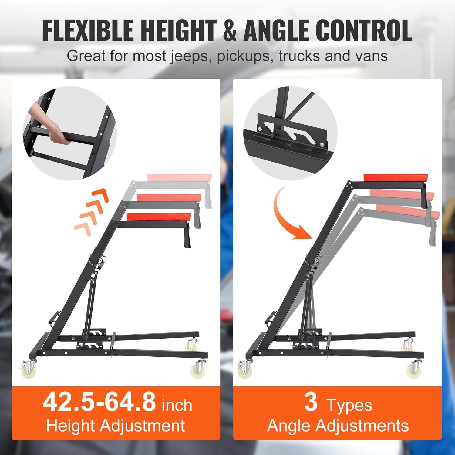 VEVOR Top Automotive Creeper, Engine Creeper 42.5"-64.8", 400 LBS Capacity High Top Creeper, 4 Swivel Caster Wheels, Padded Deck, Creeper for Home Garage, Workshop Repair Maintenance