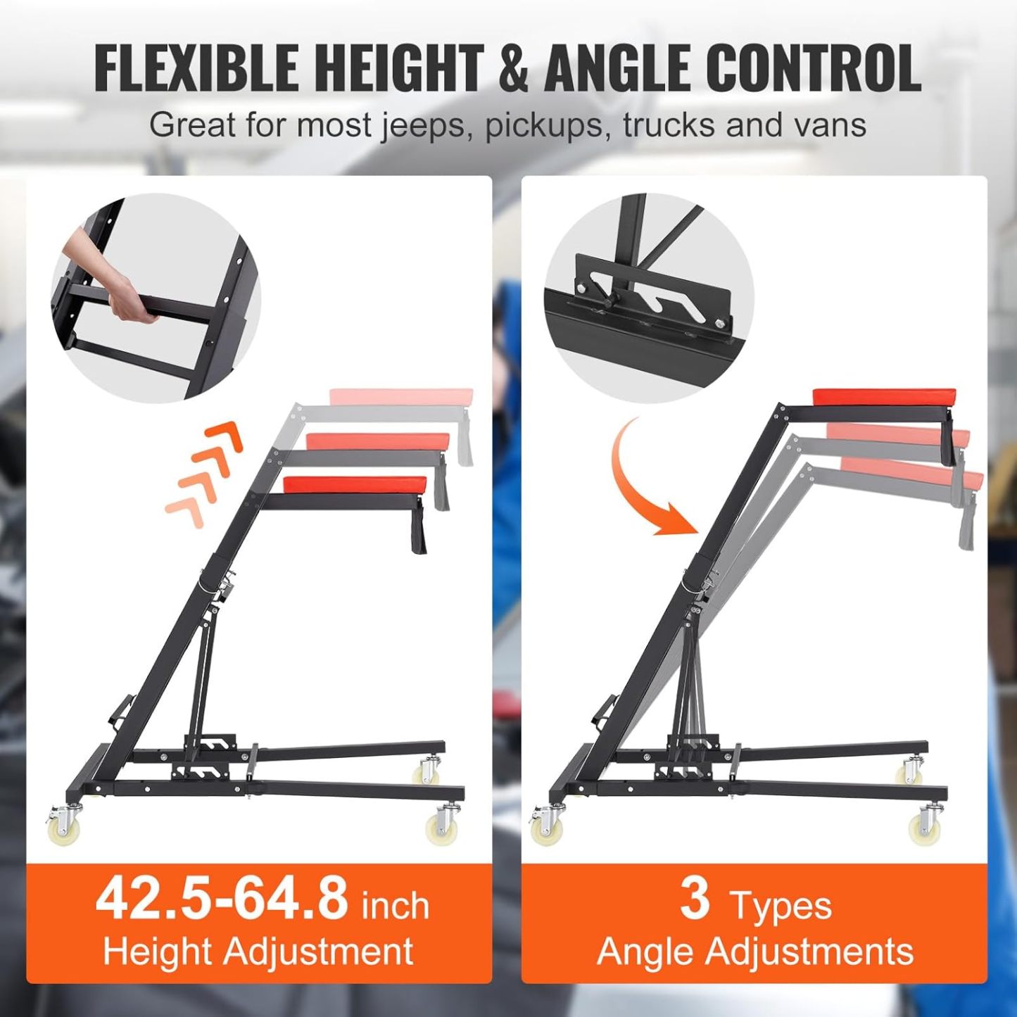 VEVOR Top Automotive Creeper, Engine Creeper 42.5"-64.8", 400 LBS Capacity High Top Creeper, 4 Swivel Caster Wheels, Padded Deck, Creeper for Home Garage, Workshop Repair Maintenance