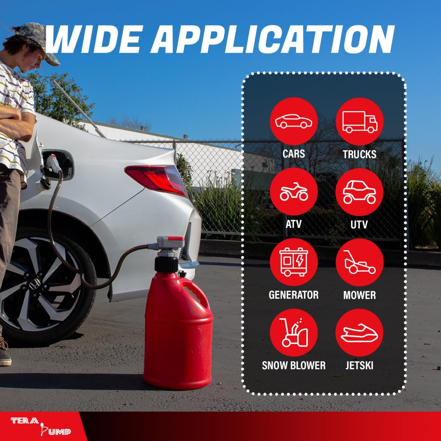 TERA PUMP TRFA03-XL Universal Gas Can Adapter Cap Battery Powered Fuel Transfer Pump (2.3 GPM) No Spill Sensor, 4.27 ft Vinyl Hose, Utility Jug Adapter, Power Nozzle, 4x AA Power