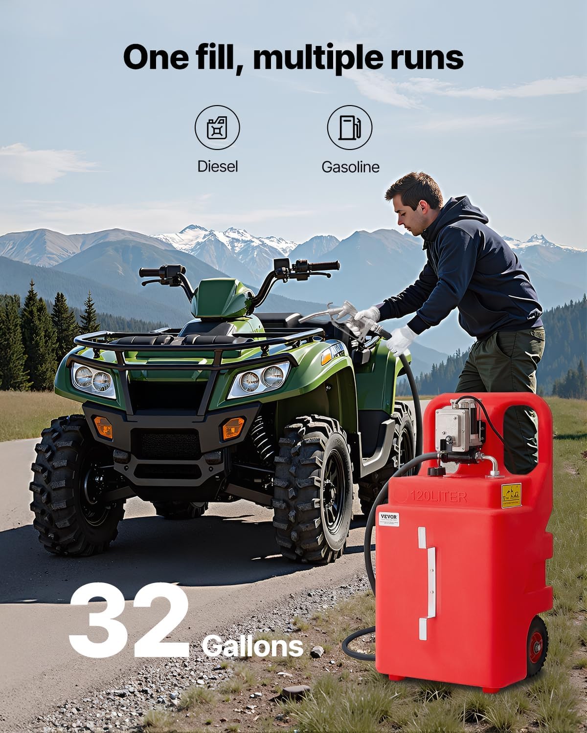 VEVOR Fuel Caddy, 32 Gallon, Portable Fuel Tank with 12V DC 15 GPM Electric Fuel Transfer Pump, 13 ft Delivery Hose & Aluminum Alloy Manual Nozzle, Gas Caddy for Motorboats, ATVs, Diesel & Gasoline