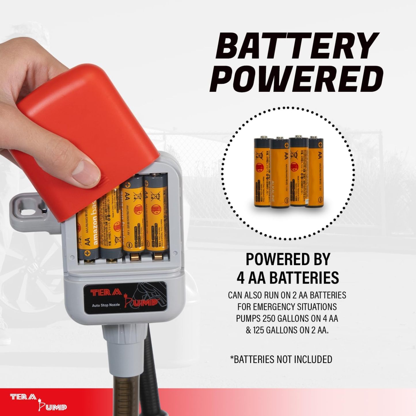 TERA PUMP TRFA03-XL Universal Gas Can Adapter Cap Battery Powered Fuel Transfer Pump (2.3 GPM) No Spill Sensor, 4.27 ft Vinyl Hose, Utility Jug Adapter, Power Nozzle, 4x AA Power