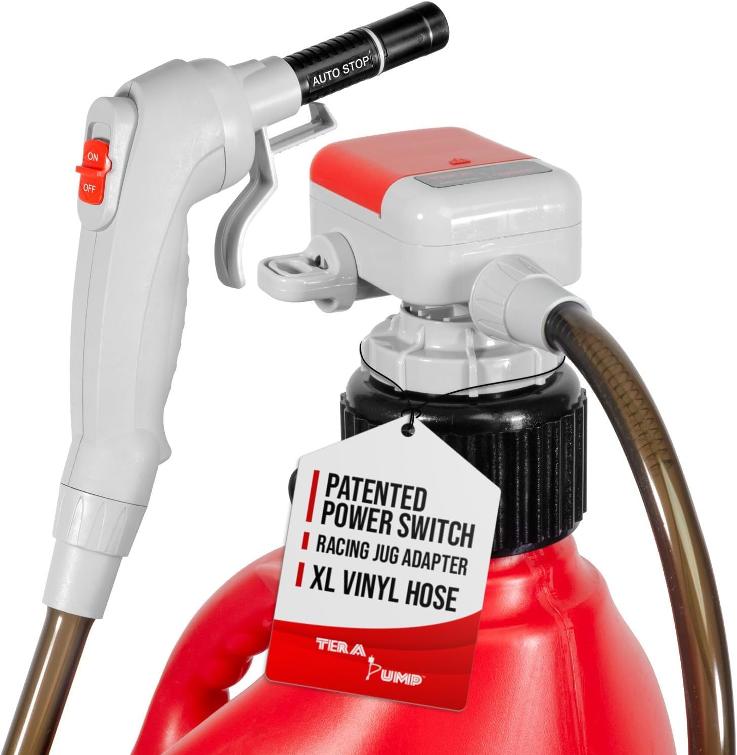 TERA PUMP TRFA03-XL Universal Gas Can Adapter Cap Battery Powered Fuel Transfer Pump (2.3 GPM) No Spill Sensor, 4.27 ft Vinyl Hose, Utility Jug Adapter, Power Nozzle, 4x AA Power