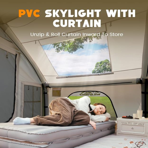Inflatable Tent with Skylight, Quick Setup Blow Up Tents with Pump, Hot Tent with Stove Jack, Waterproof Oxford Inflatable House for Camping, Air Glamping Tents for Camping Adult 4-6 Person