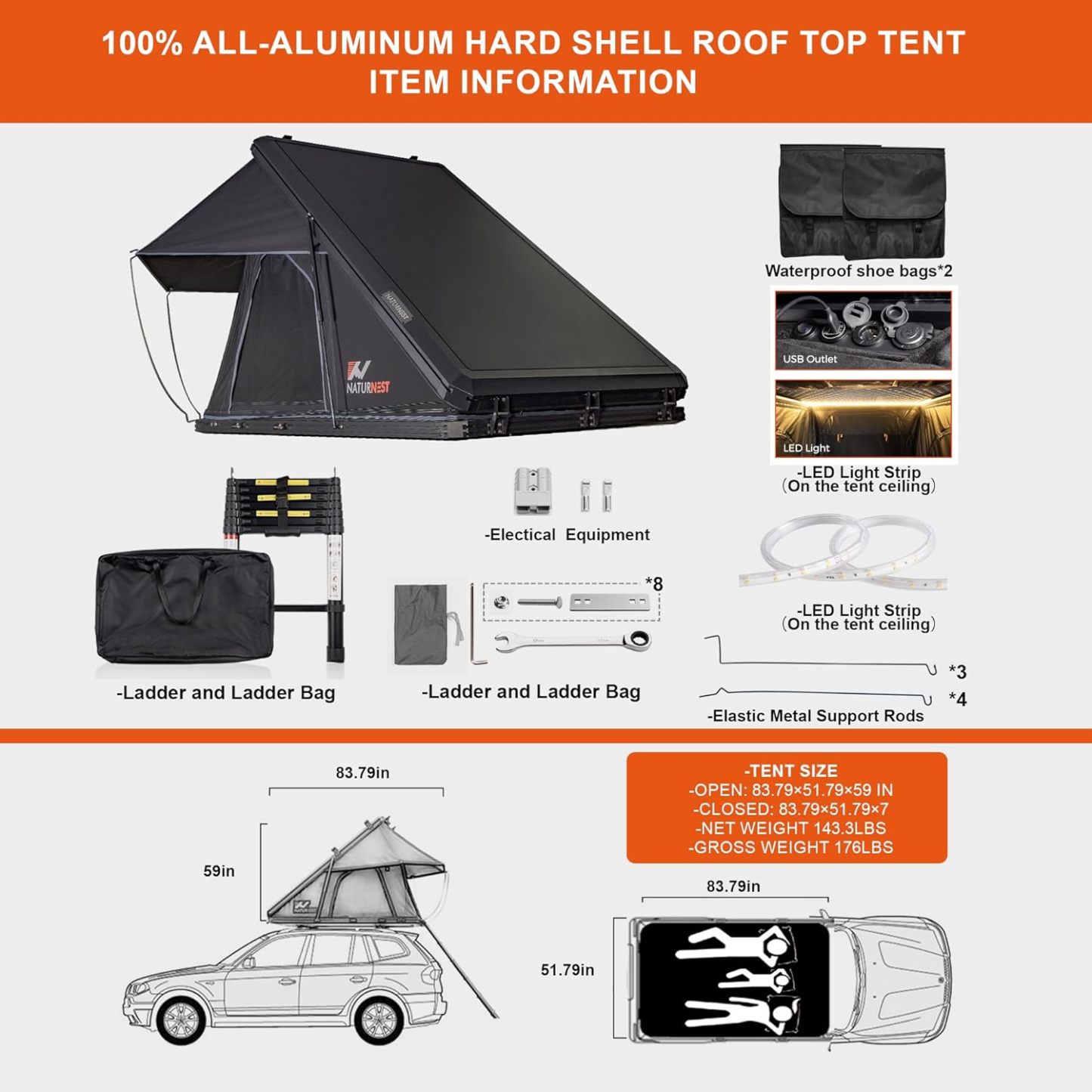 BAMACAR Naturnest Rooftop Tent Hard Shell, Nature Nest Roof Top Tent Hardshell Rooftop Tents for Jeep SUV Truck Van Car Camping Roof Rack Overland Hard Shell Car Top Tents