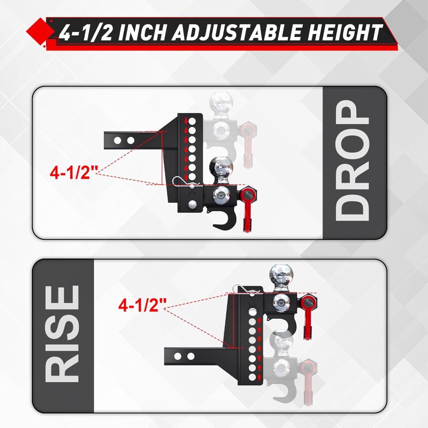TYT Adjustable Tri-Ball Trailer Hitch for 2 inch Receiver, 4.5" Drop/Rise, Triple Balls (1-7/8", 2", 2-5/16") with Tow Hook & Shackle, 10,000 lbs GTW, 1,000 lbs TW, Pin Lock & Hitch Tightener