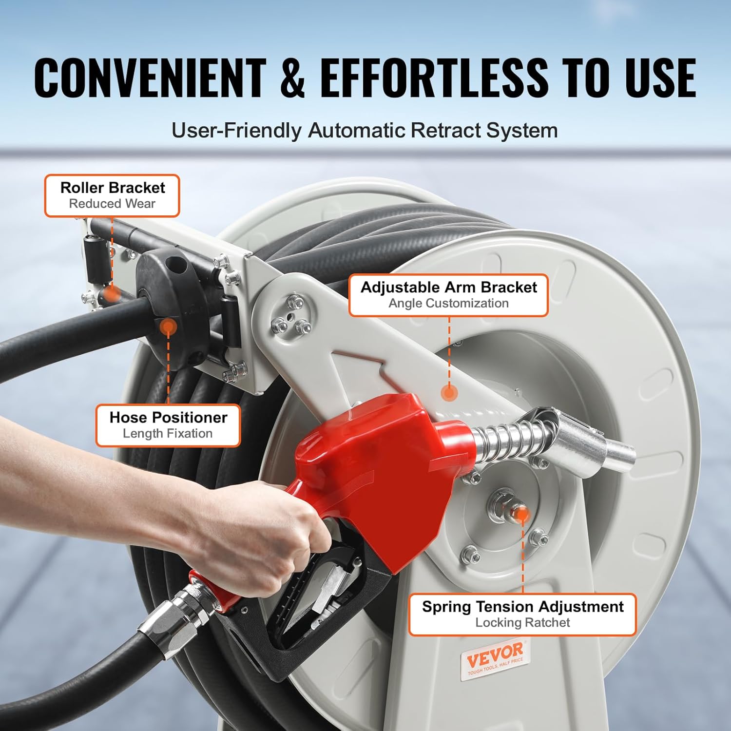 VEVOR Fuel Hose Reel, 50', Extra Long Retractable Diesel Hose Reel, Heavy-Duty Carbon Steel Construction with Automatic Fuel Nozzle, NBR Rubber Hose for Aircraft Ship Vehicle Tank Truck, 300 PSI