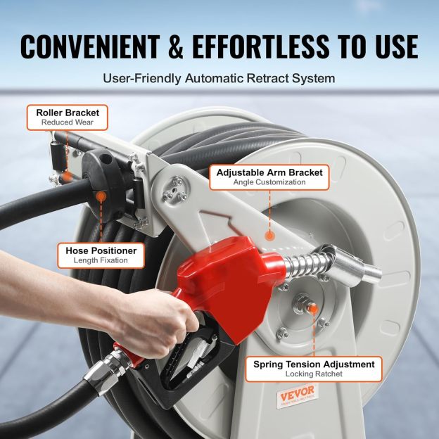VEVOR Fuel Hose Reel, 50', Extra Long Retractable Diesel Hose Reel, Heavy-Duty Carbon Steel Construction with Automatic Fuel Nozzle, NBR Rubber Hose for Aircraft Ship Vehicle Tank Truck, 300 PSI