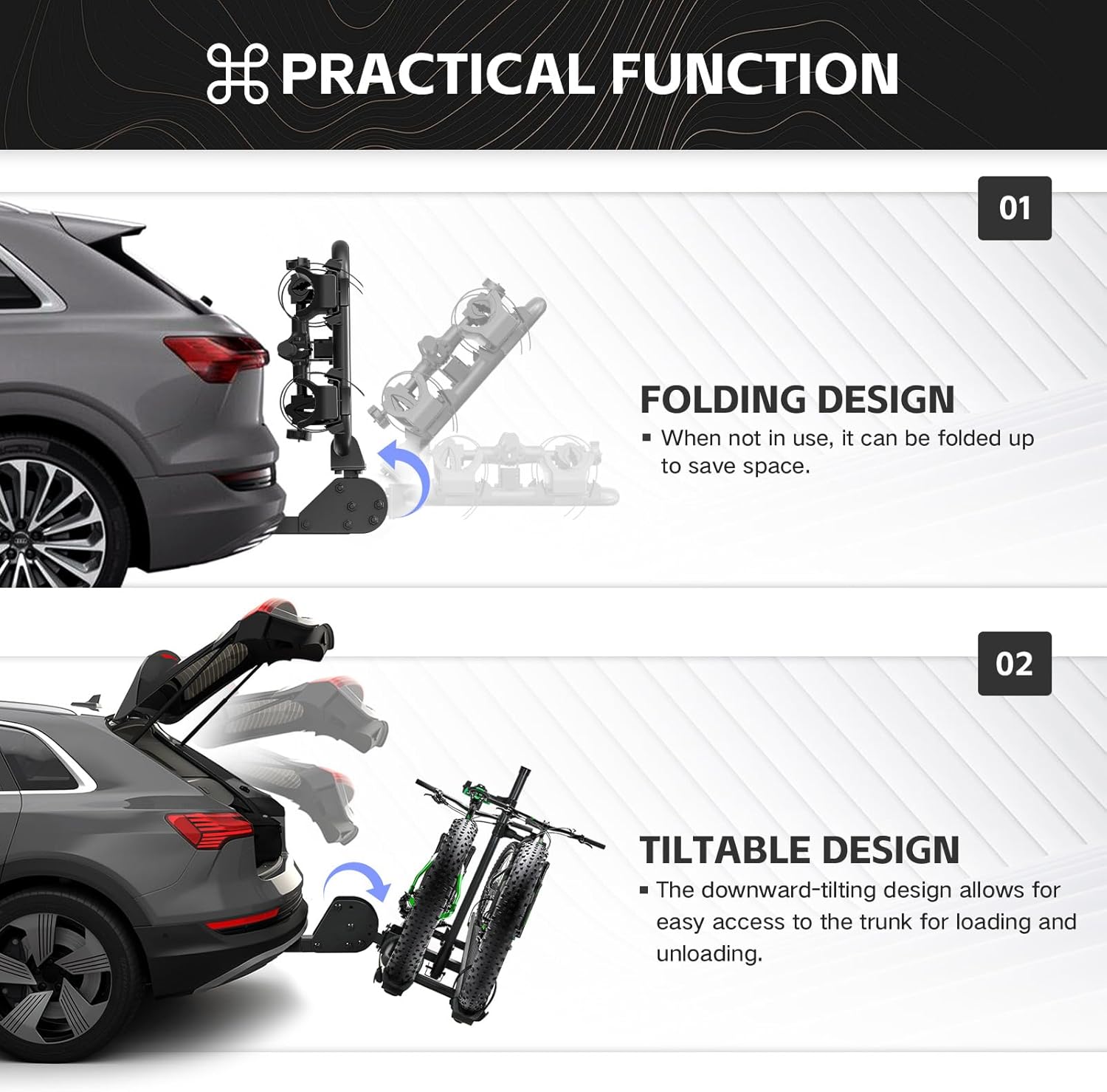 2 EBike Rack with Cross Bar, 200 LBS Capacity Electric Bicycle Racks with Ramp, 5" Fat Tire Carrier, Lockable & Foldable Bike Racks Platform, Fits 2" Standard Hitch for SUVs Cars Trucks Vans