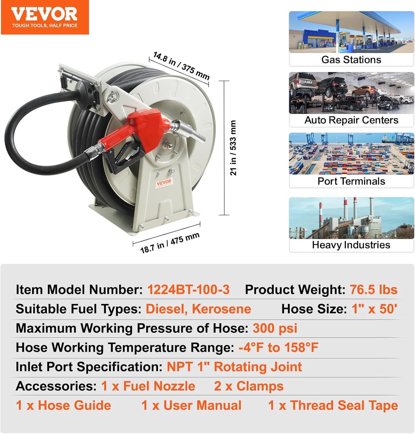 VEVOR Fuel Hose Reel, 50', Extra Long Retractable Diesel Hose Reel, Heavy-Duty Carbon Steel Construction with Automatic Fuel Nozzle, NBR Rubber Hose for Aircraft Ship Vehicle Tank Truck, 300 PSI