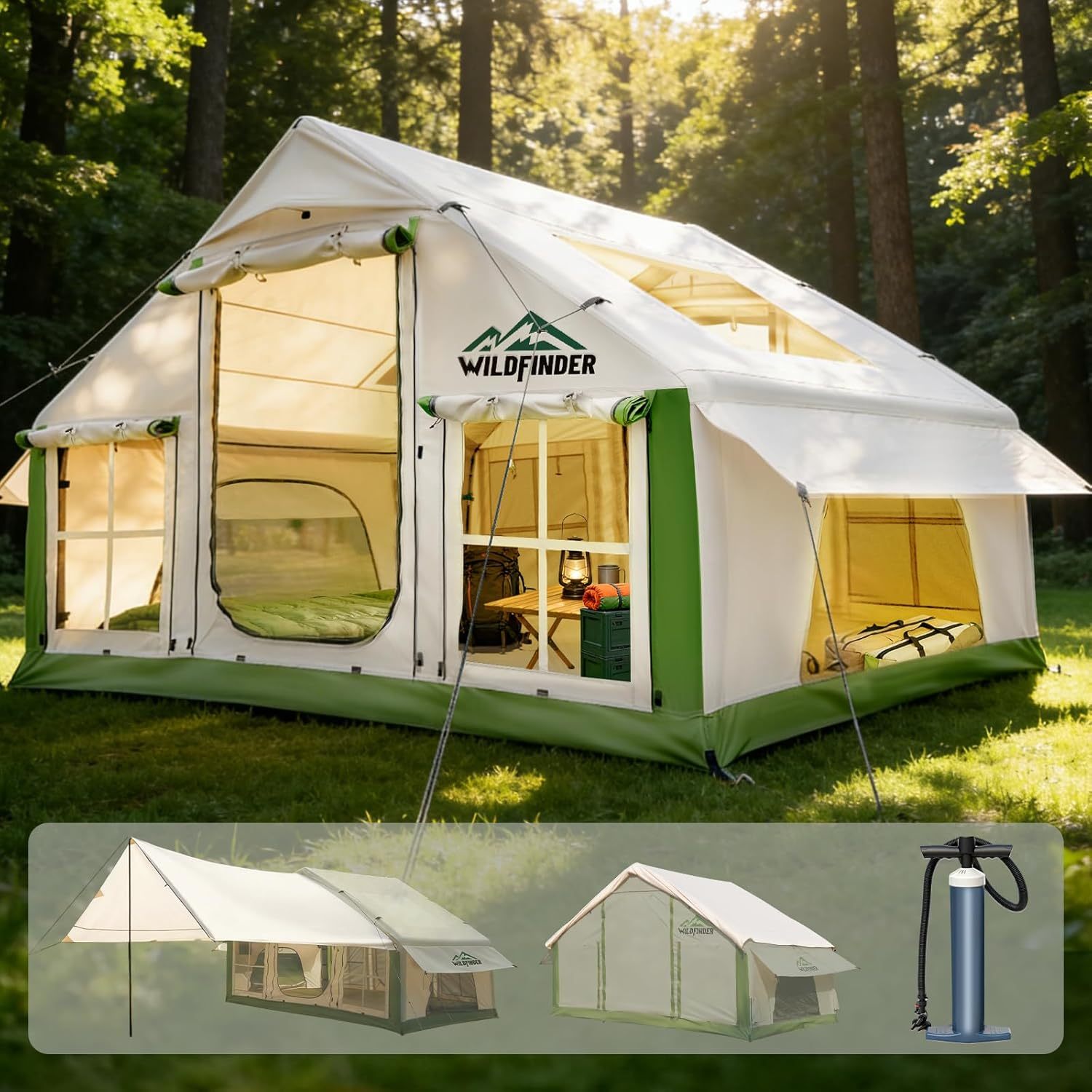 Inflatable Tent with Skylight, Quick Setup Blow Up Tents with Pump, Hot Tent with Stove Jack, Waterproof Oxford Inflatable House for Camping, Air Glamping Tents for Camping Adult 4-6 Person