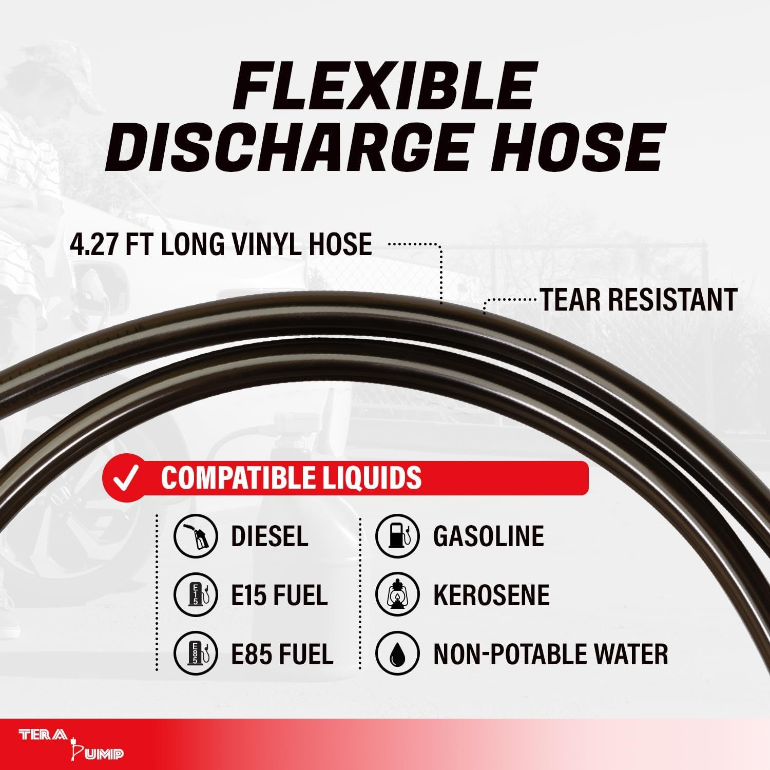 TERA PUMP TRFA03-XL Universal Gas Can Adapter Cap Battery Powered Fuel Transfer Pump (2.3 GPM) No Spill Sensor, 4.27 ft Vinyl Hose, Utility Jug Adapter, Power Nozzle, 4x AA Power