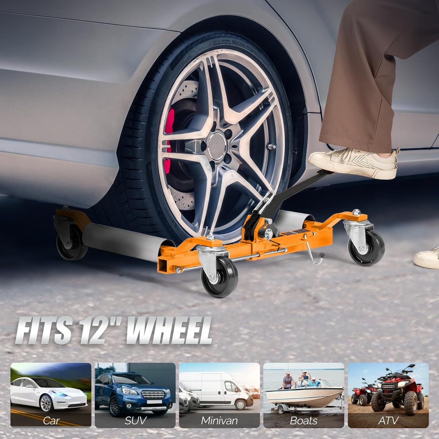 TUFFIOM Car Wheel Dolly Jack Set of 2, Mechanical 3000-lbs Car Skates, 12'' Wheel Vehicle Positioning Jack, Heavy Duty Rollers with Ratcheting Foot Pedal for Tire Auto Repair Moving, Orange