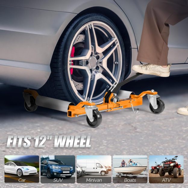 TUFFIOM Car Wheel Dolly Jack Set of 2, Mechanical 3000-lbs Car Skates, 12'' Wheel Vehicle Positioning Jack, Heavy Duty Rollers with Ratcheting Foot Pedal for Tire Auto Repair Moving, Orange