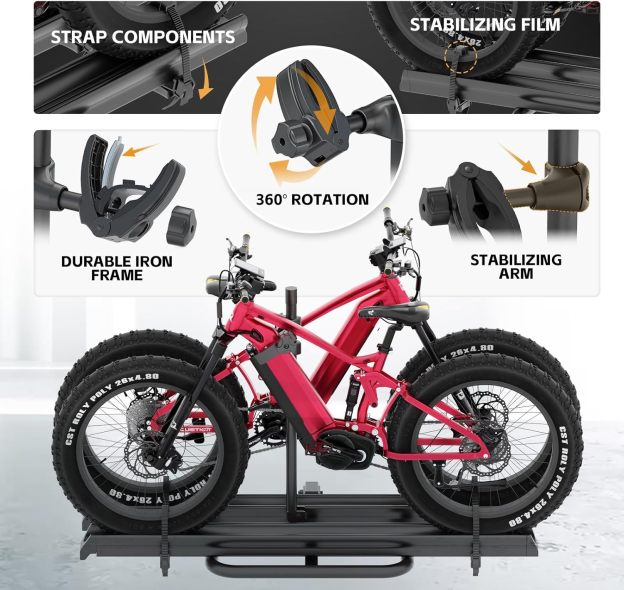 2 EBike Rack with Cross Bar, 200 LBS Capacity Electric Bicycle Racks with Ramp, 5" Fat Tire Carrier, Lockable & Foldable Bike Racks Platform, Fits 2" Standard Hitch for SUVs Cars Trucks Vans