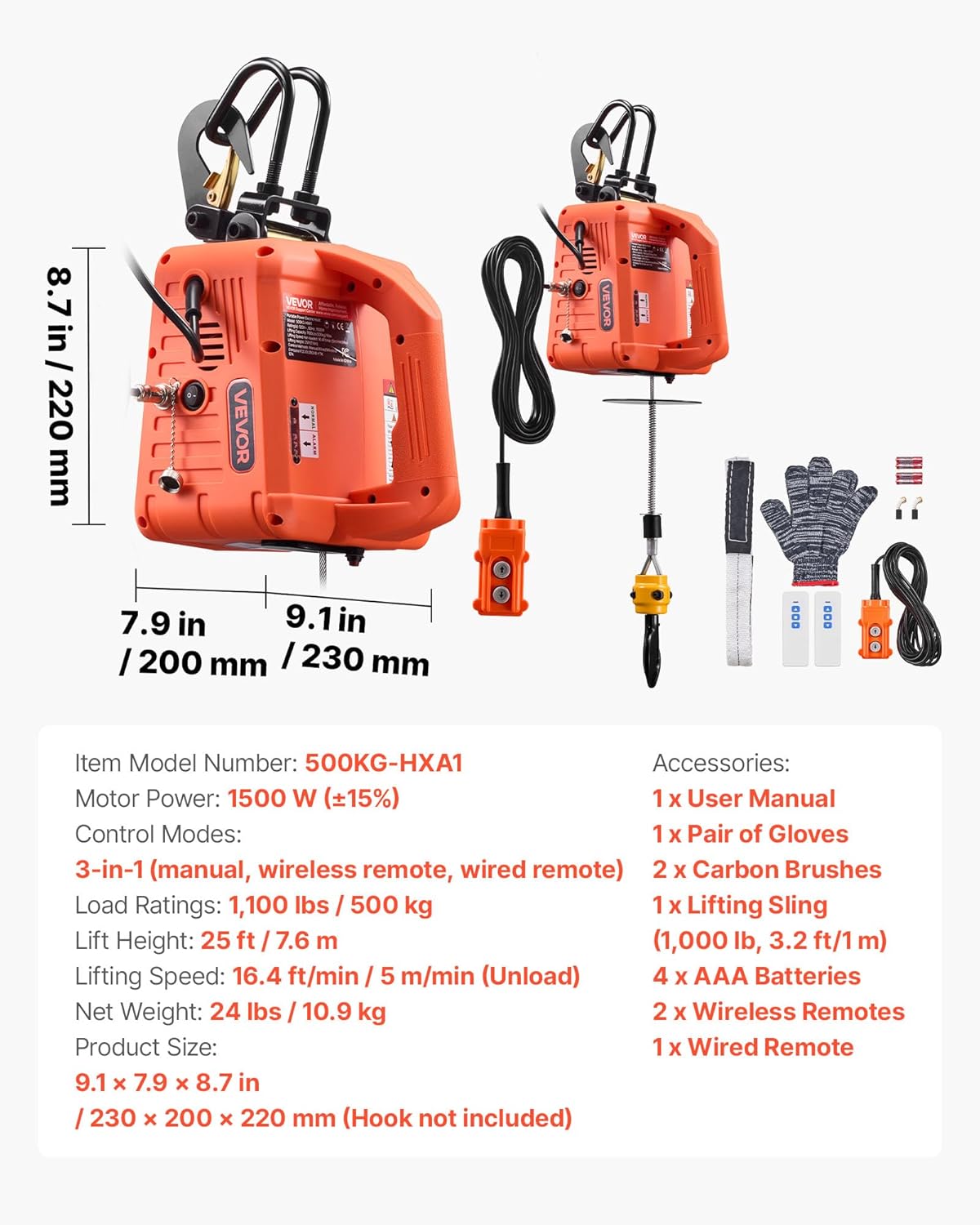 VEVOR 3-in-1 Electric Hoist Winch, 1550 lbs Capacity, 1500W Portable Power Winch Crane, 25 ft Lifting Height, 16.4 ft/min with Manual, Wired and Wireless Remote Control for Factory, Warehouss, Garage