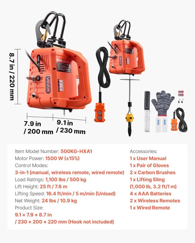 VEVOR 3-in-1 Electric Hoist Winch, 1550 lbs Capacity, 1500W Portable Power Winch Crane, 25 ft Lifting Height, 16.4 ft/min with Manual, Wired and Wireless Remote Control for Factory, Warehouss, Garage